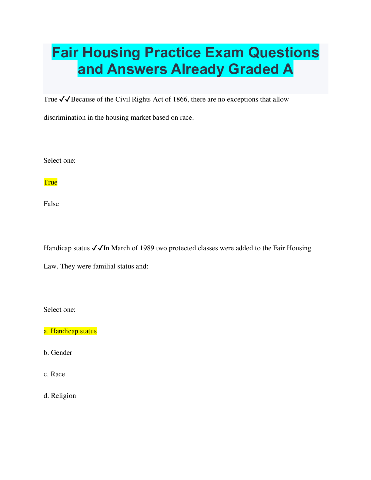 Preview of Fair Housing Practice Exam Questions and Answers Already Graded A